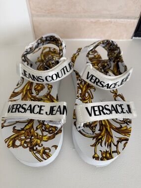 Versace Jeans Couture White & Gold Baroque Sandals 39